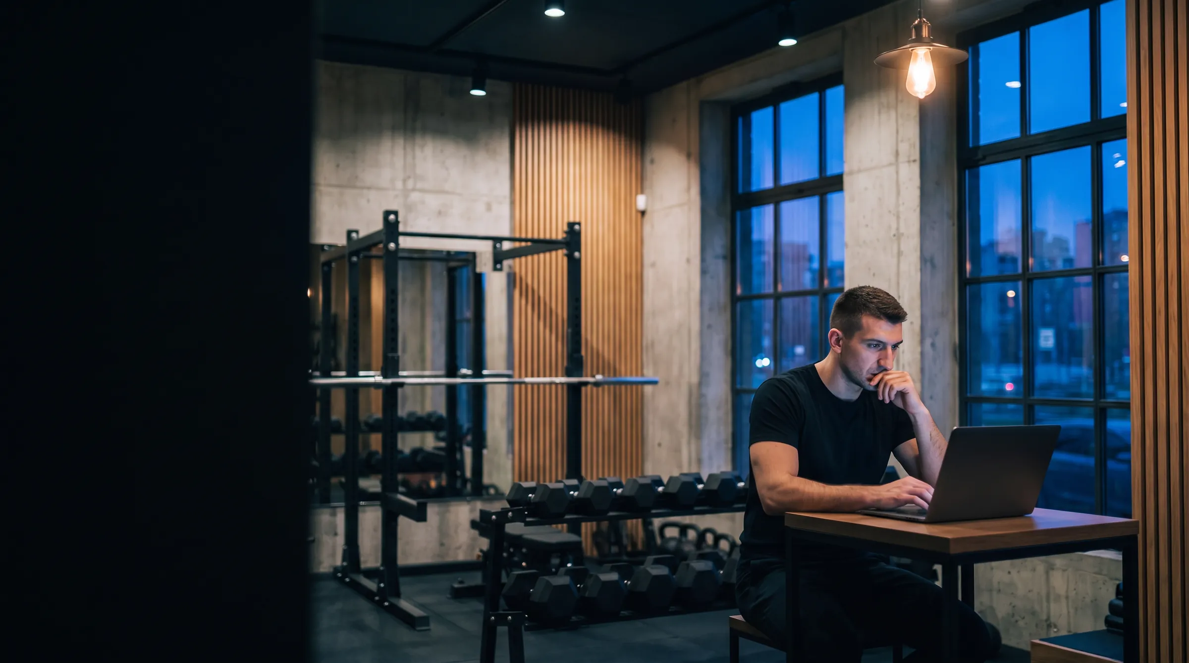 Trainer reviewing club data on a laptop in the evening
